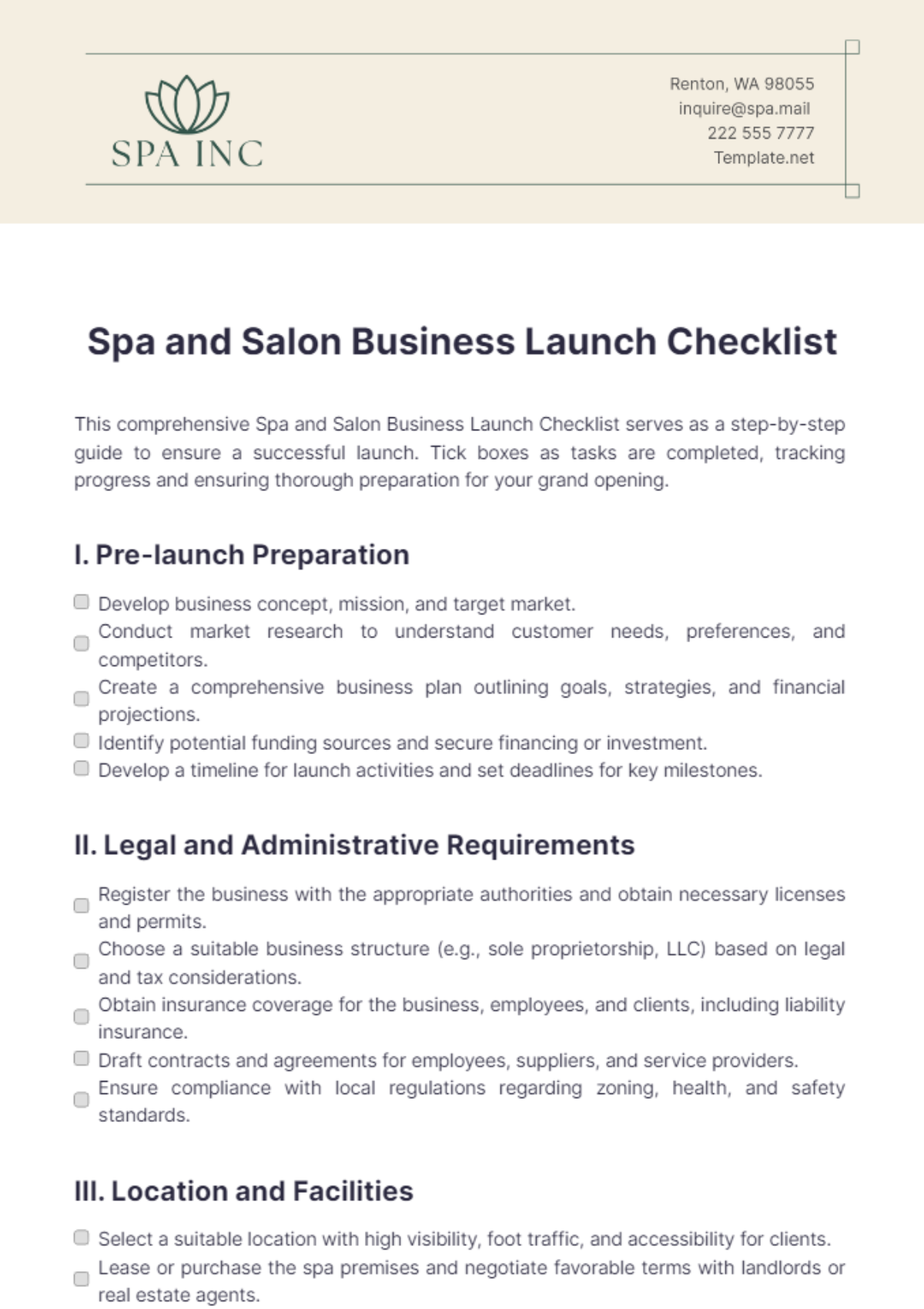 Spa and Salon Business Launch Checklist Template - Edit Online & Download