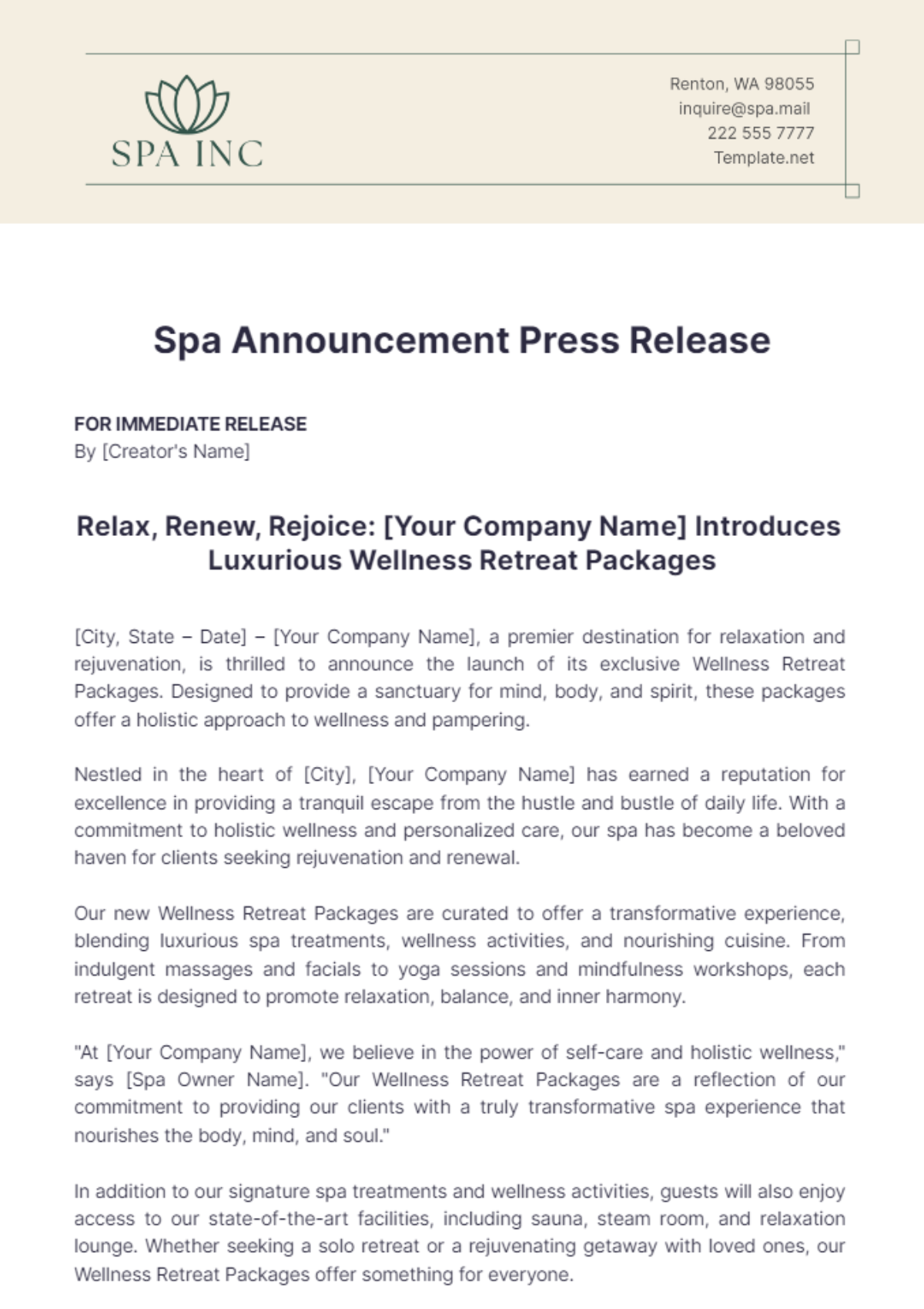 Free Spa Announcement Press Release Template