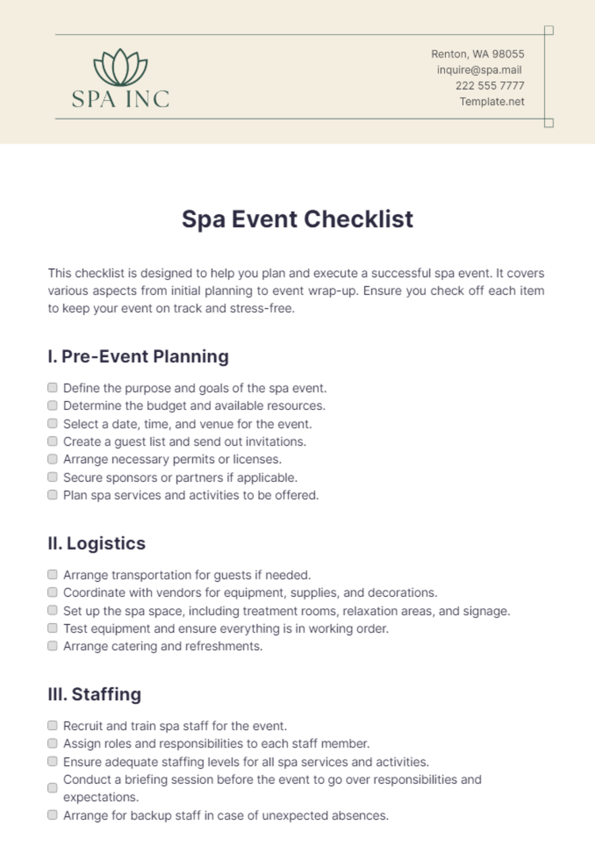 Spa Event Checklist Template - Edit Online & Download