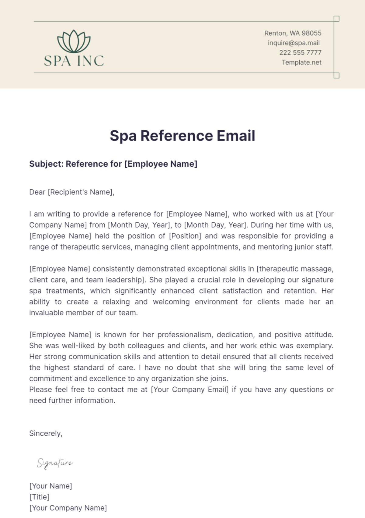 Spa Reference Email Template - Edit Online & Download