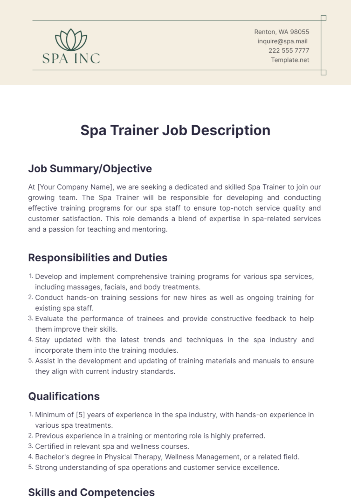 Spa Trainer Job Description Template - Edit Online & Download