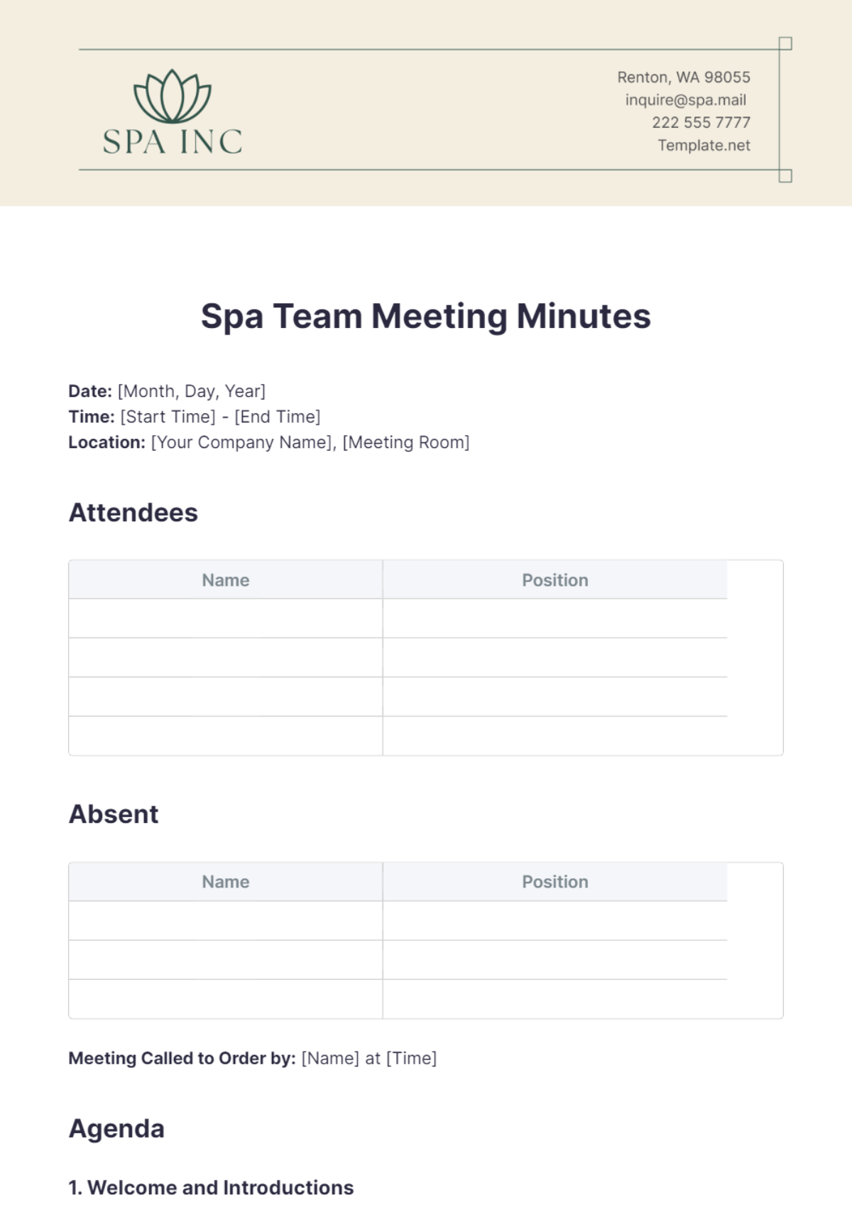 Spa Team Meeting Minutes Template - Edit Online & Download