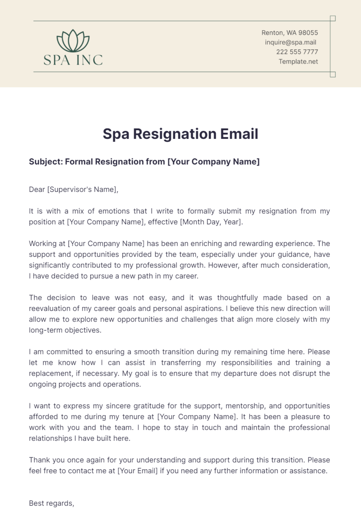 Spa Resignation Email Template - Edit Online & Download