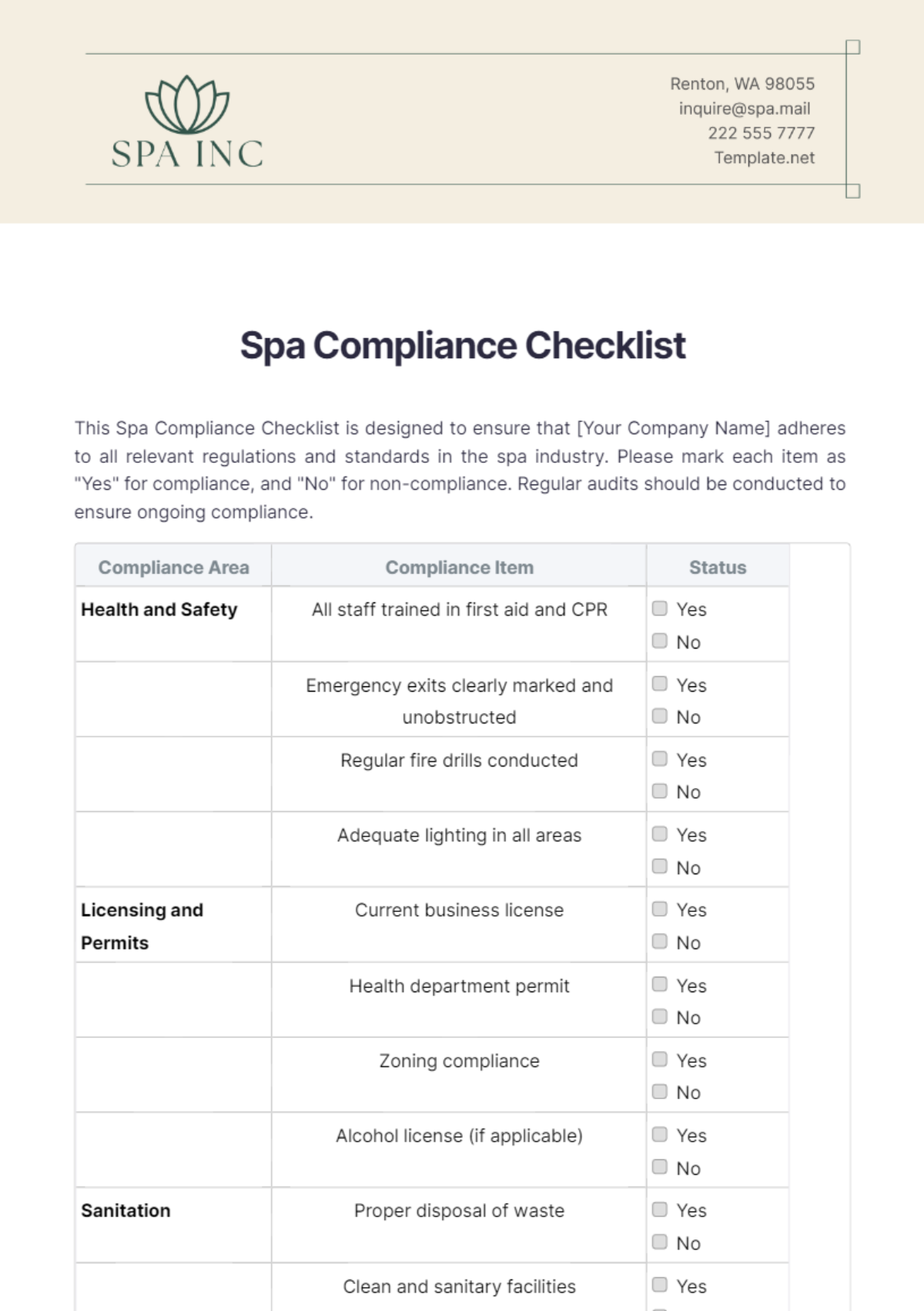 Spa Compliance Checklist Template - Edit Online & Download