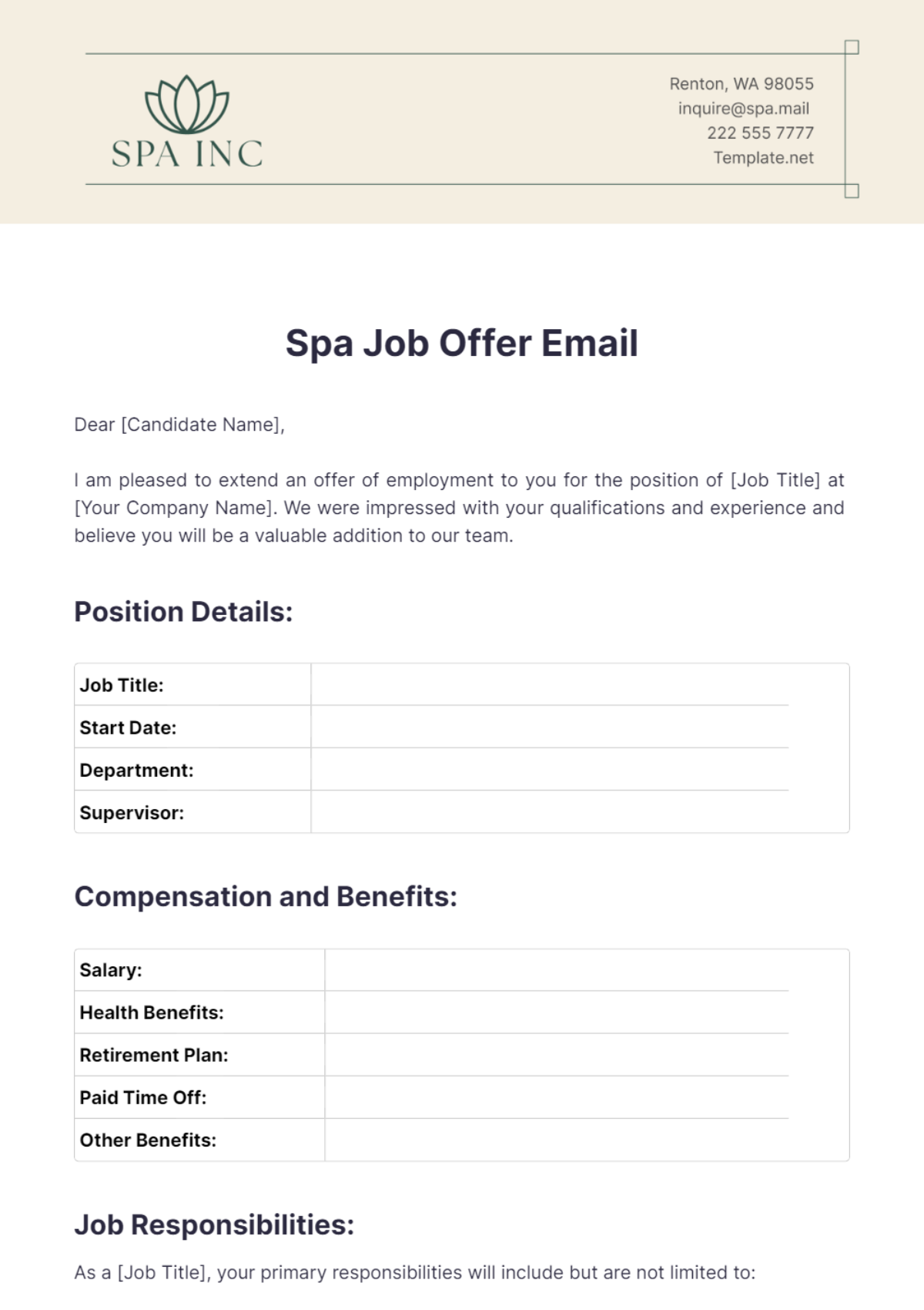 Spa Job Offer Email Template - Edit Online & Download