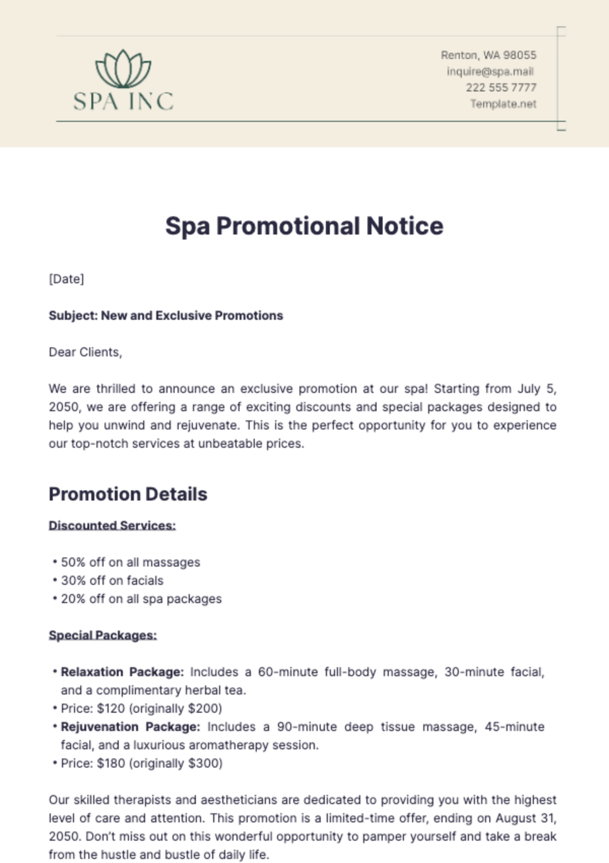 Spa Promotional Notice Template - Edit Online & Download