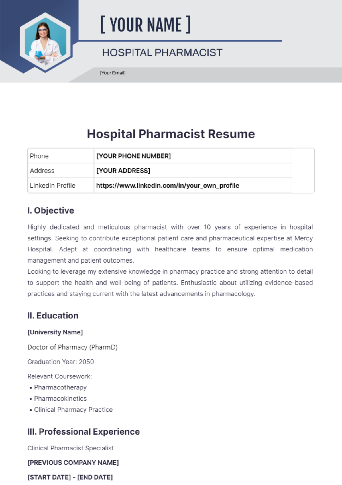 Hospital Pharmacist Resume - Edit Online & Download