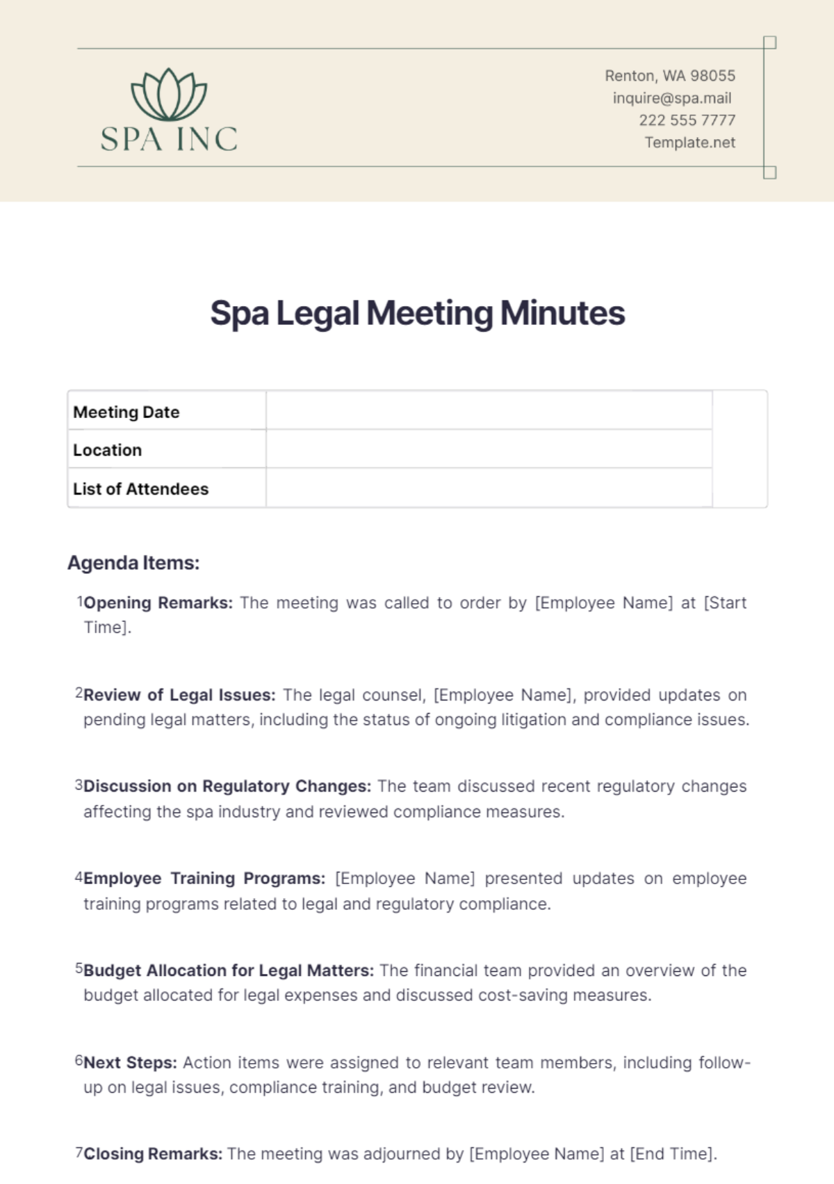 Spa Legal Meeting Minutes Template - Edit Online & Download