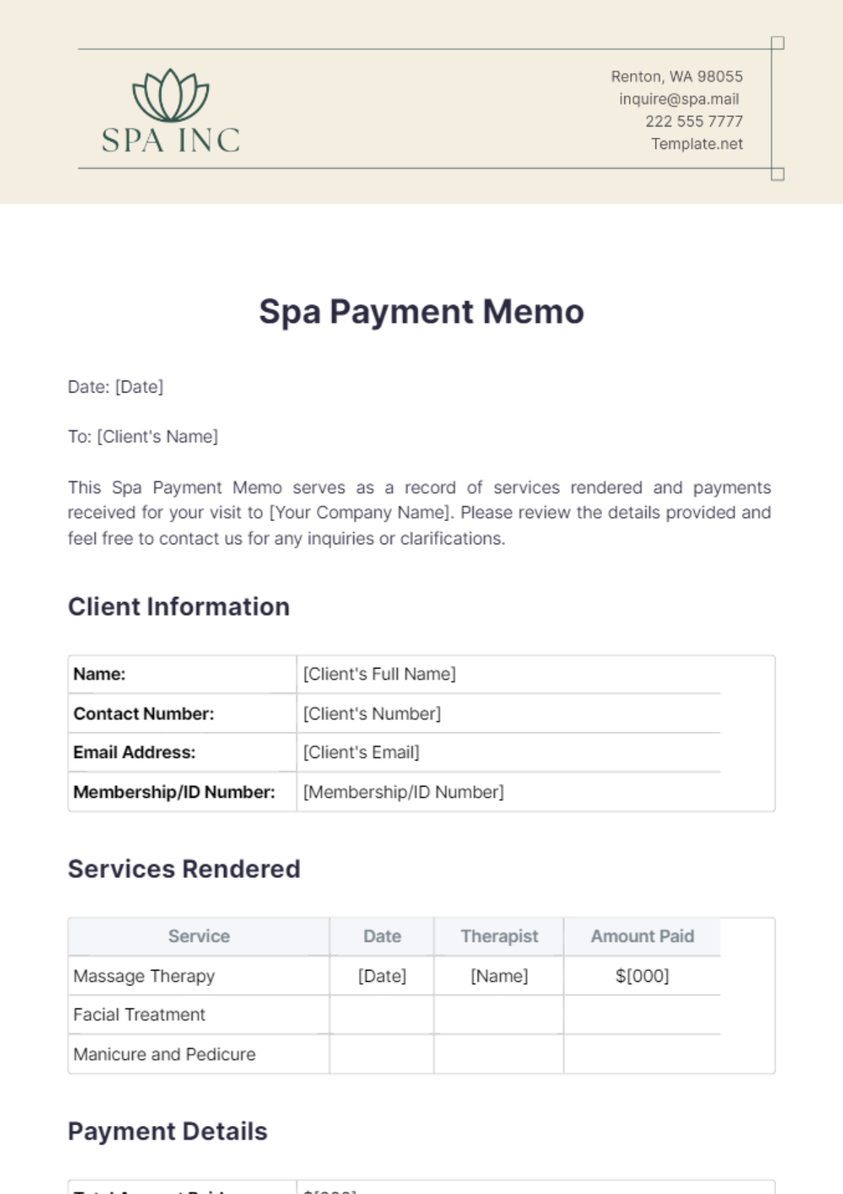 Spa Payment Memo Template - Edit Online & Download