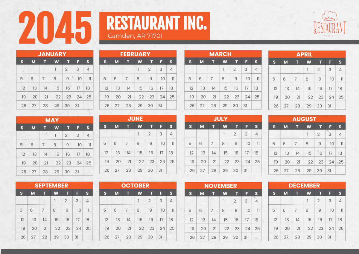 Restaurant Yearly Calendar
