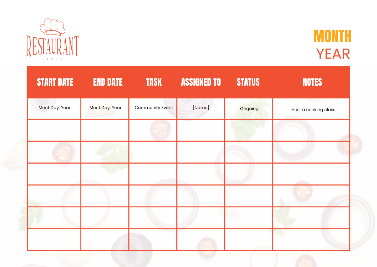 Restaurant Marketing Planning Calendar