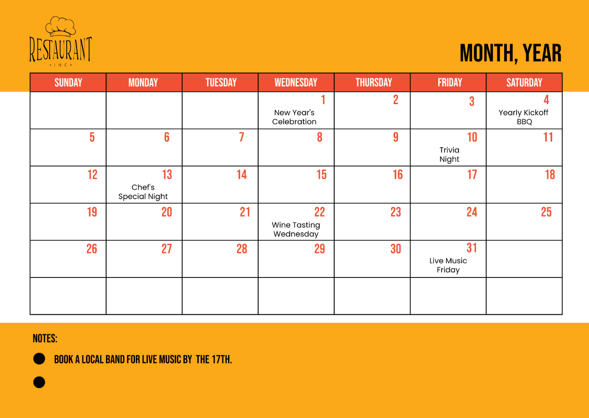 Restaurant Event Calendar