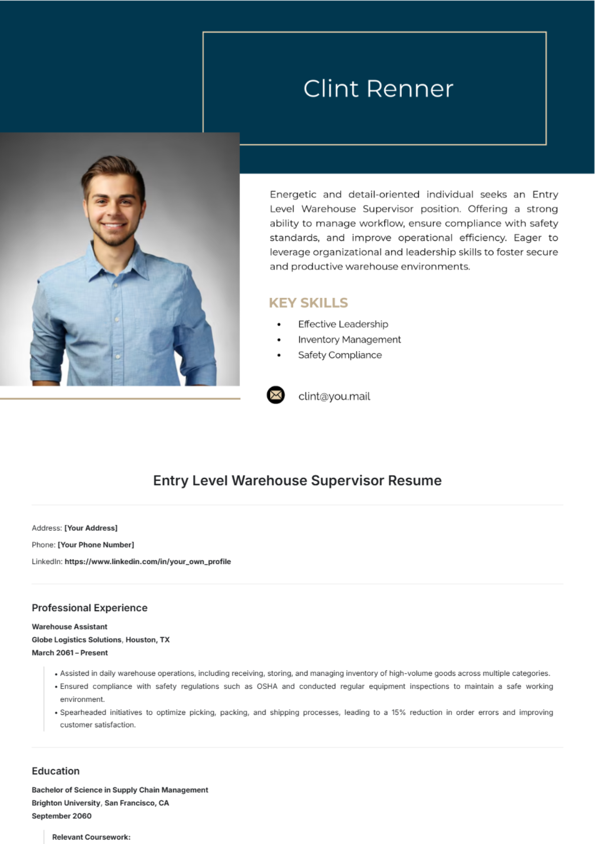 Free Entry Level Warehouse Supervisor Resume Template