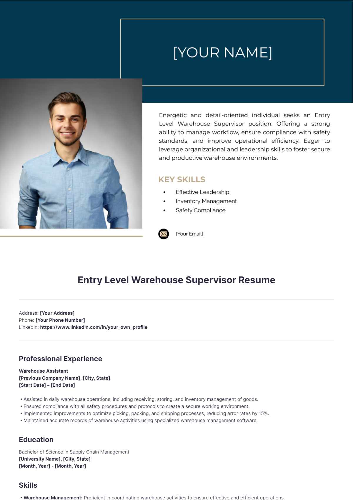 Entry Level Warehouse Supervisor Resume - Edit Online & Download ...