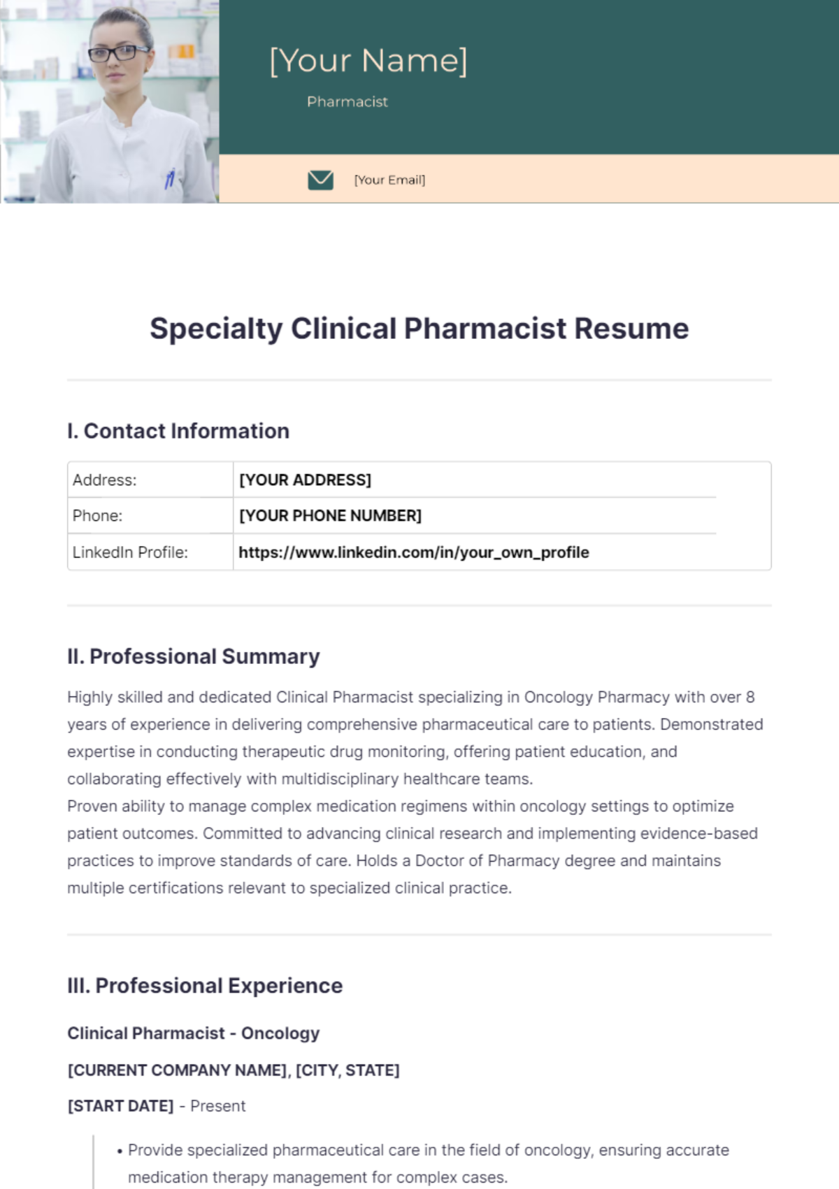 Specialty Clinical Pharmacist Resume - Edit Online & Download