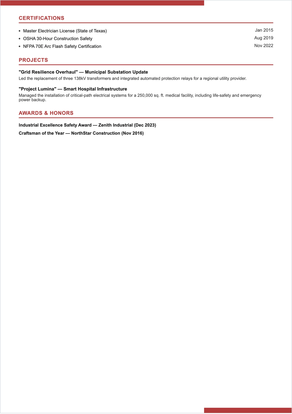 Free Lead Electrician ATS Resume Template, AI Resume Builder