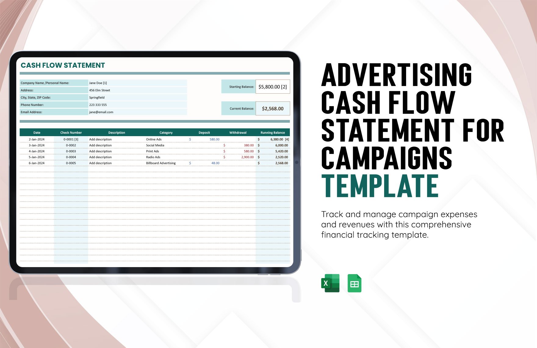 Advertising Cash Flow Statement for Campaigns Template in Excel, Google Sheets