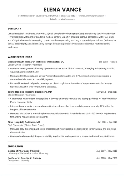 Free Research Nurse Pharmacist ATS Resume Template, AI Resume Builder