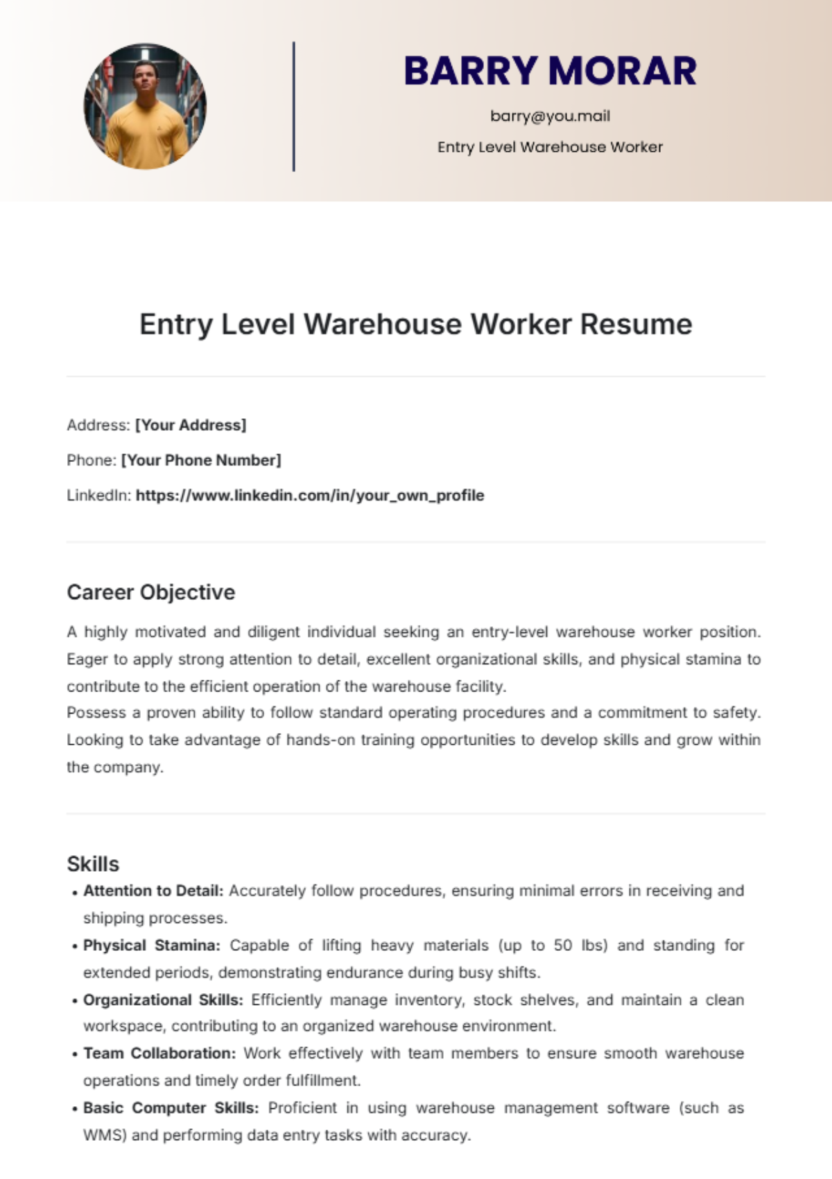 Entry Level Warehouse Worker Resume Template - Edit Online & Download