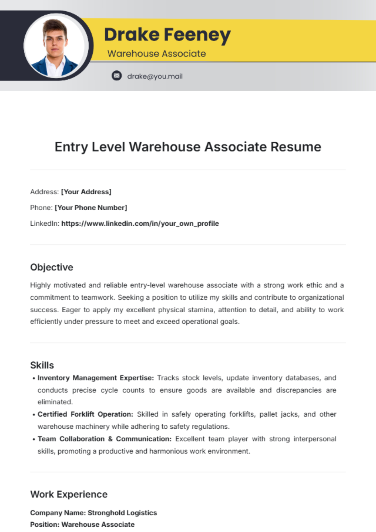 Free Entry Level Warehouse Associate Resume Template