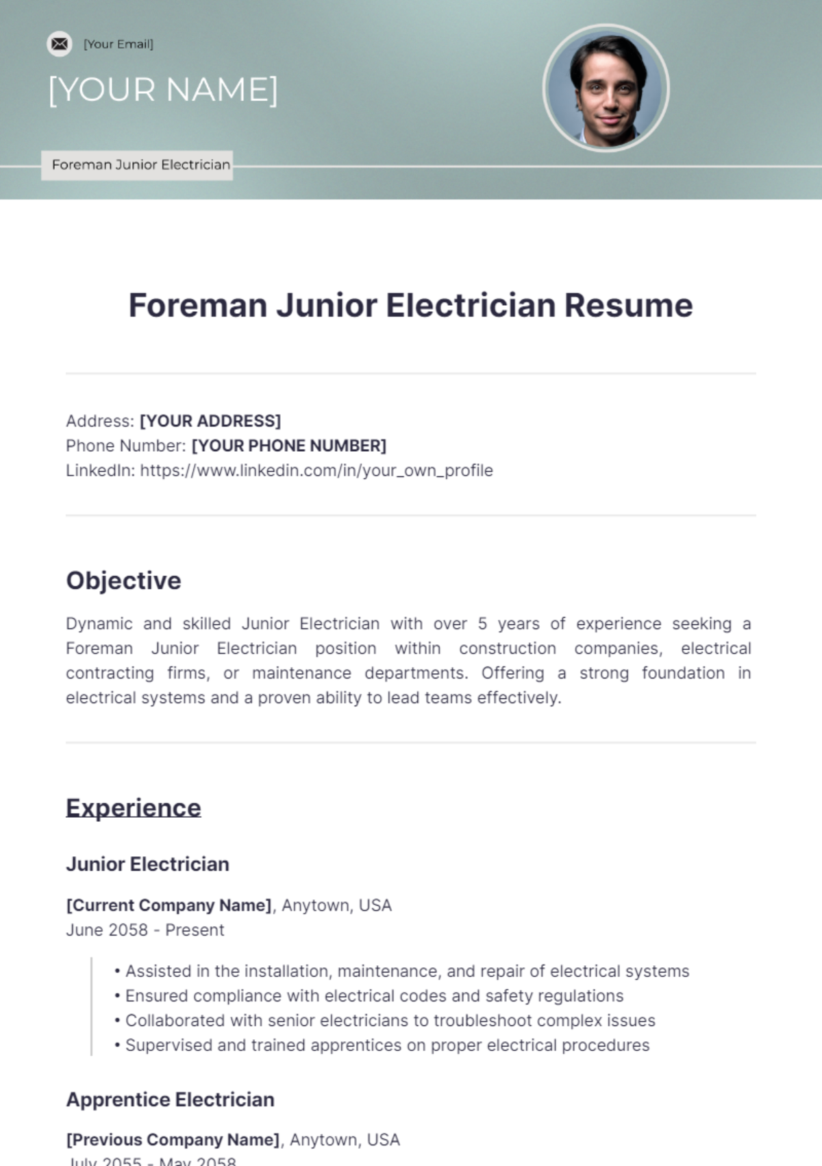 Foreman Junior Electrician Resume - Edit Online & Download Example ...