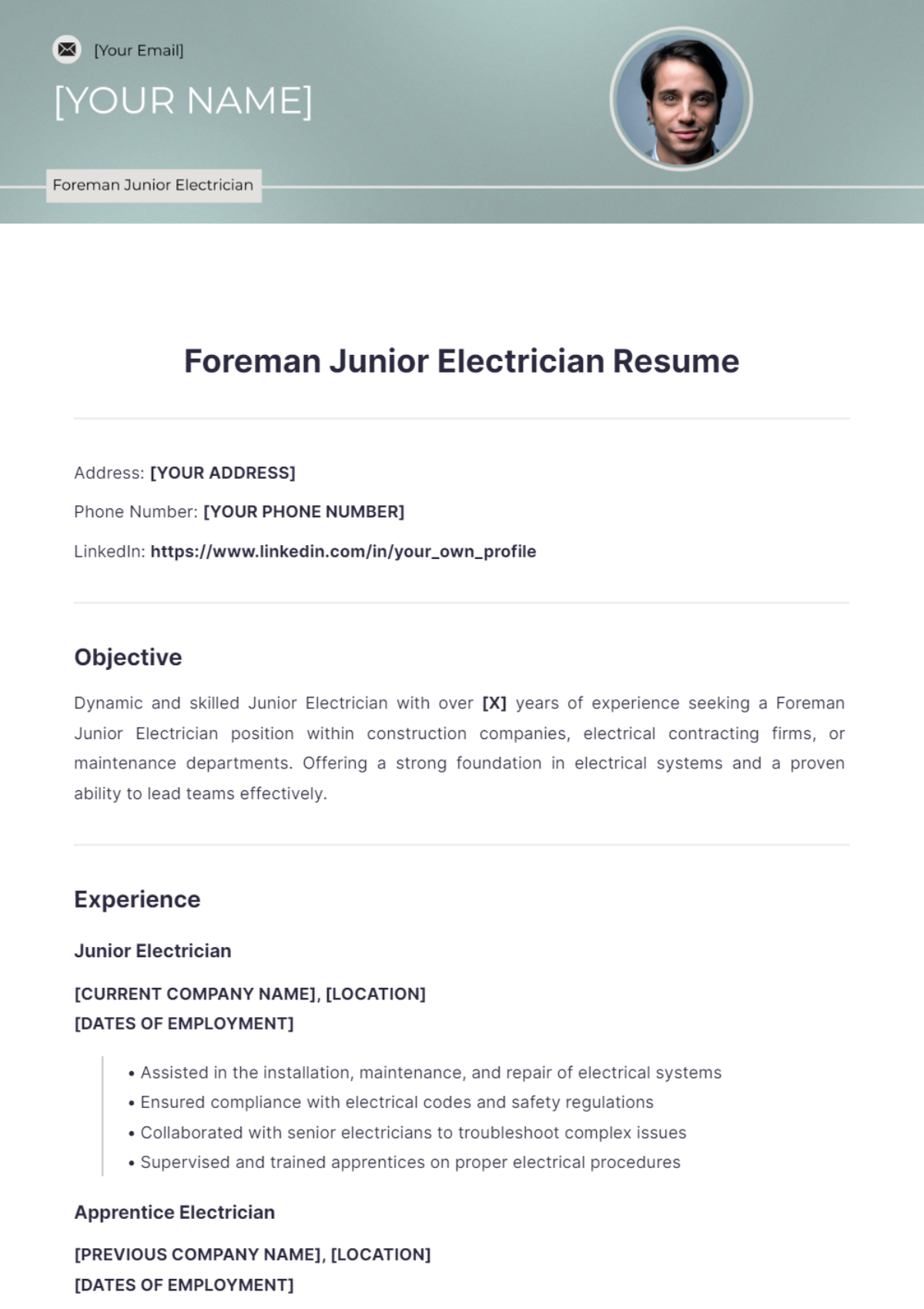 Free Foreman Junior Electrician Resume Template to Edit Online