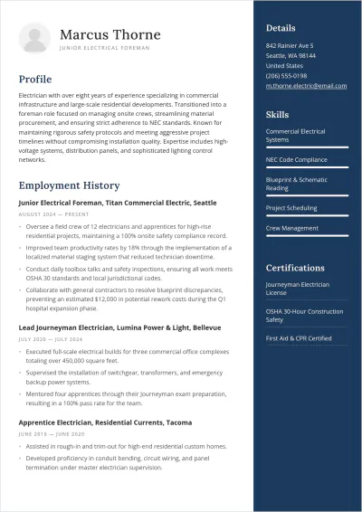 Free Foreman Junior Electrician ATS Resume Template, AI Resume Builder
