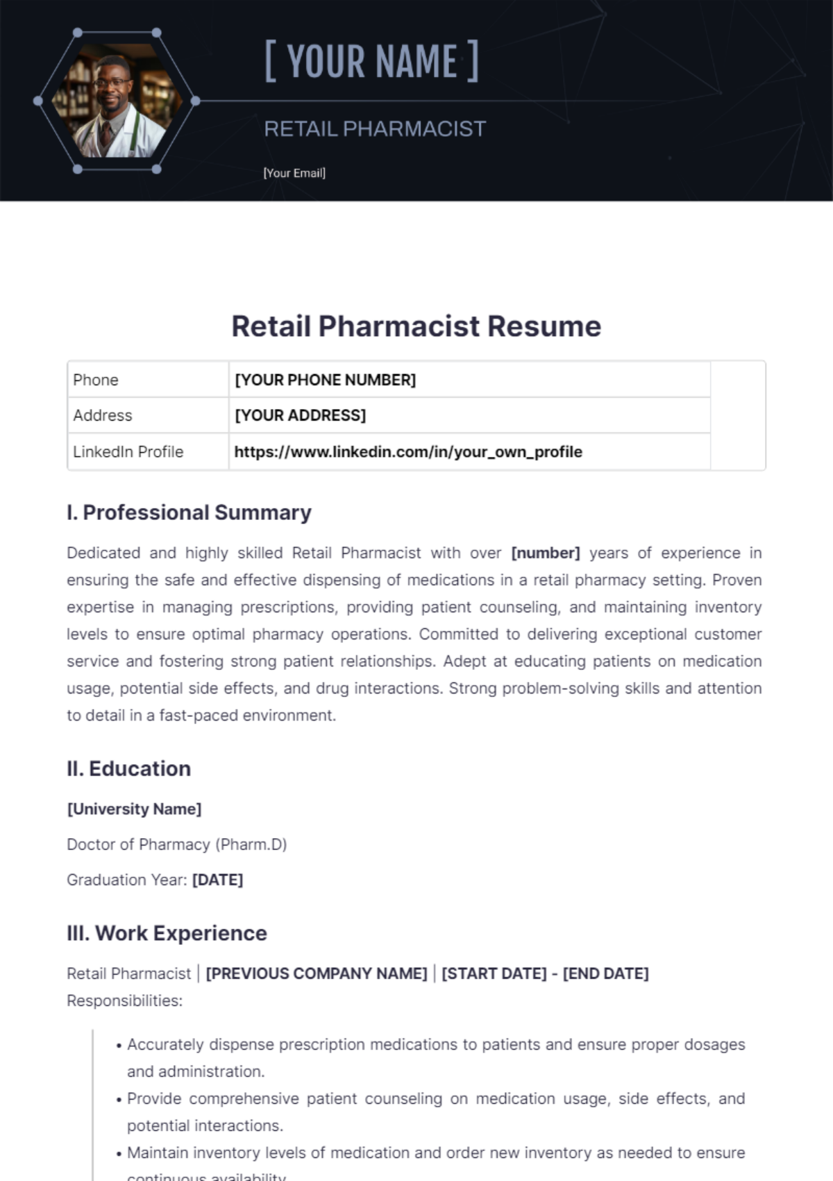 Retail Pharmacist Resume - Edit Online & Download