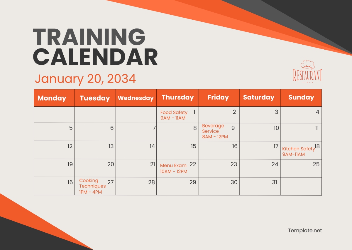 Restaurant Training Calendar