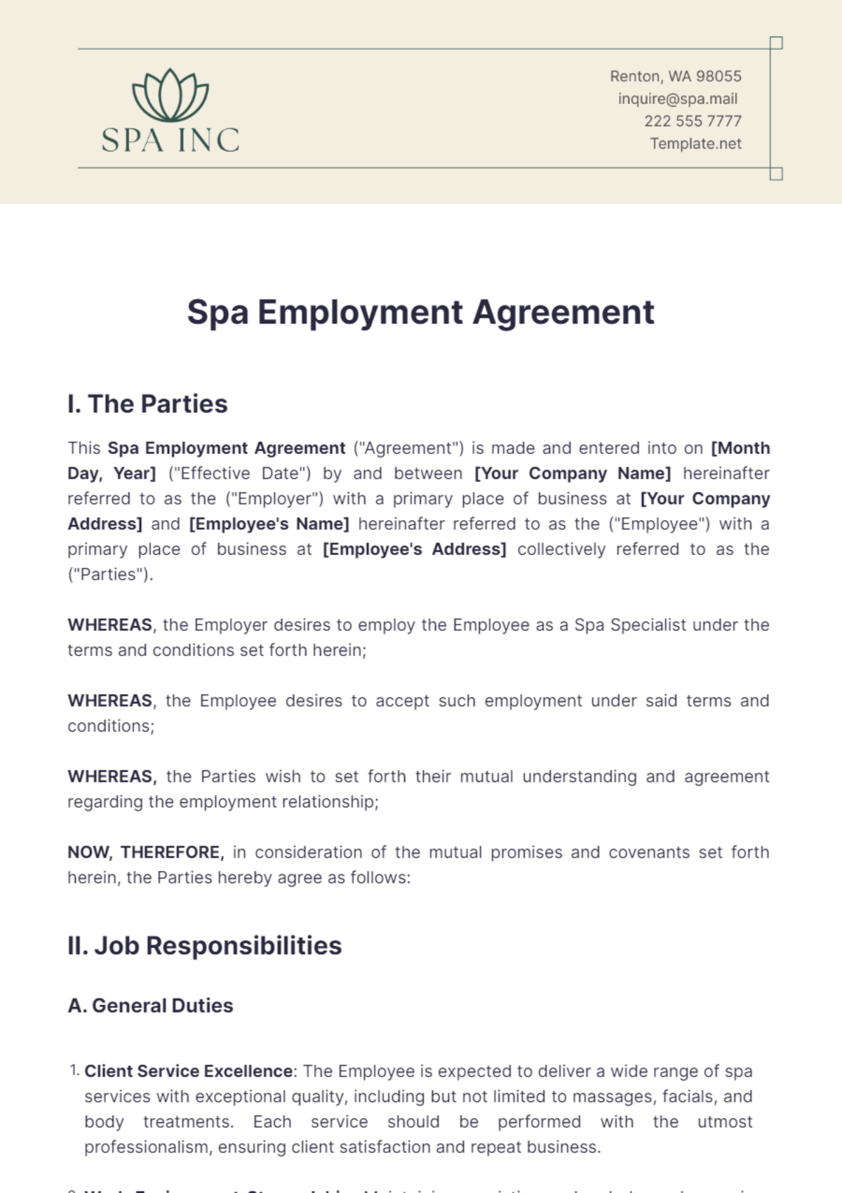 Free Spa Employment Agreement Template to Edit Online