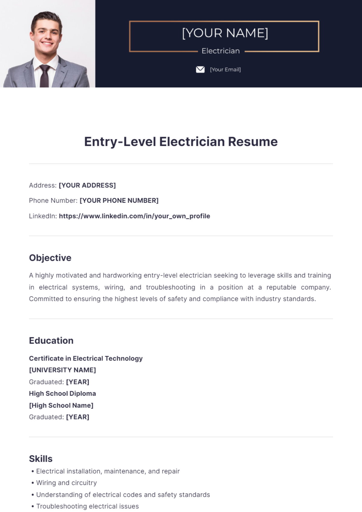 Free ITI Electrician Resume Template to Edit Online