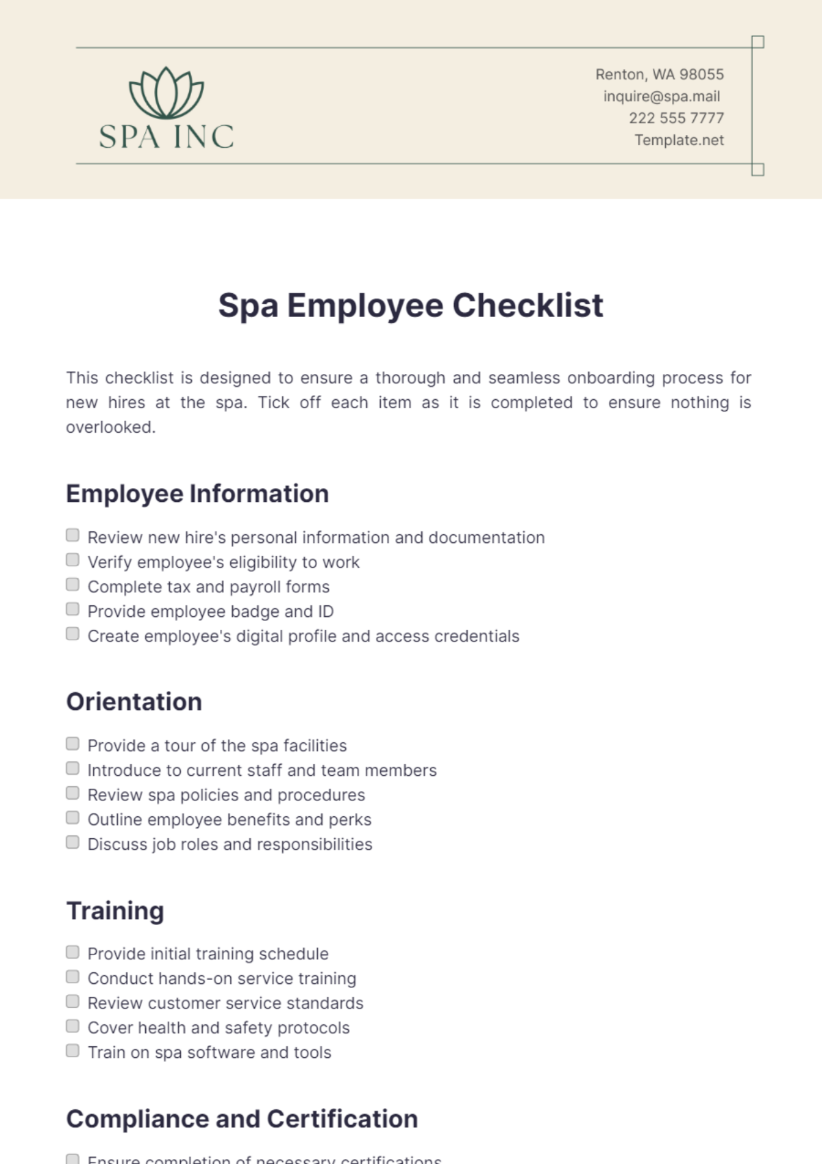 Spa Employee Checklist Template - Edit Online & Download