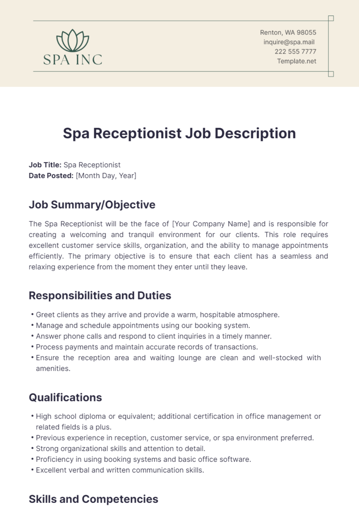 Spa Receptionist Job Description Template - Edit Online & Download