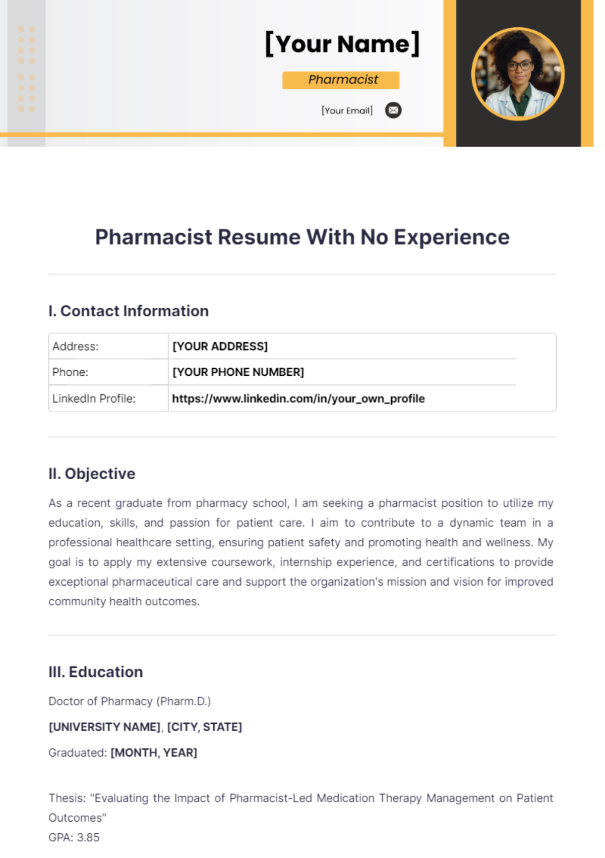 Pharmacist Resume With No Experience - Edit Online & Download