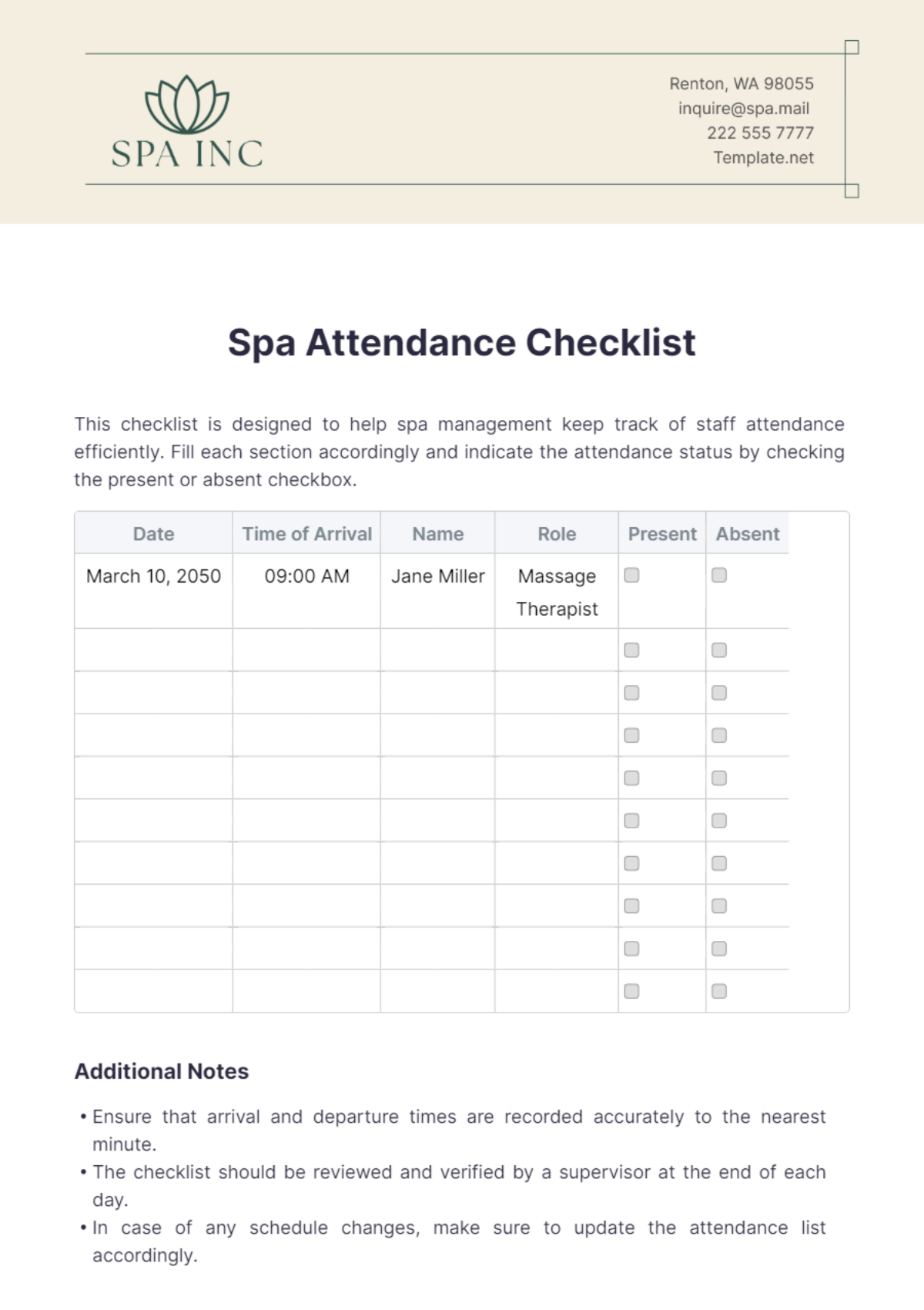 Spa Attendance Checklist Template - Edit Online & Download