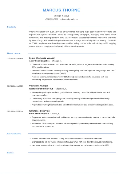 Free Warehouse Manager ATS Resume Template, AI Resume Builder