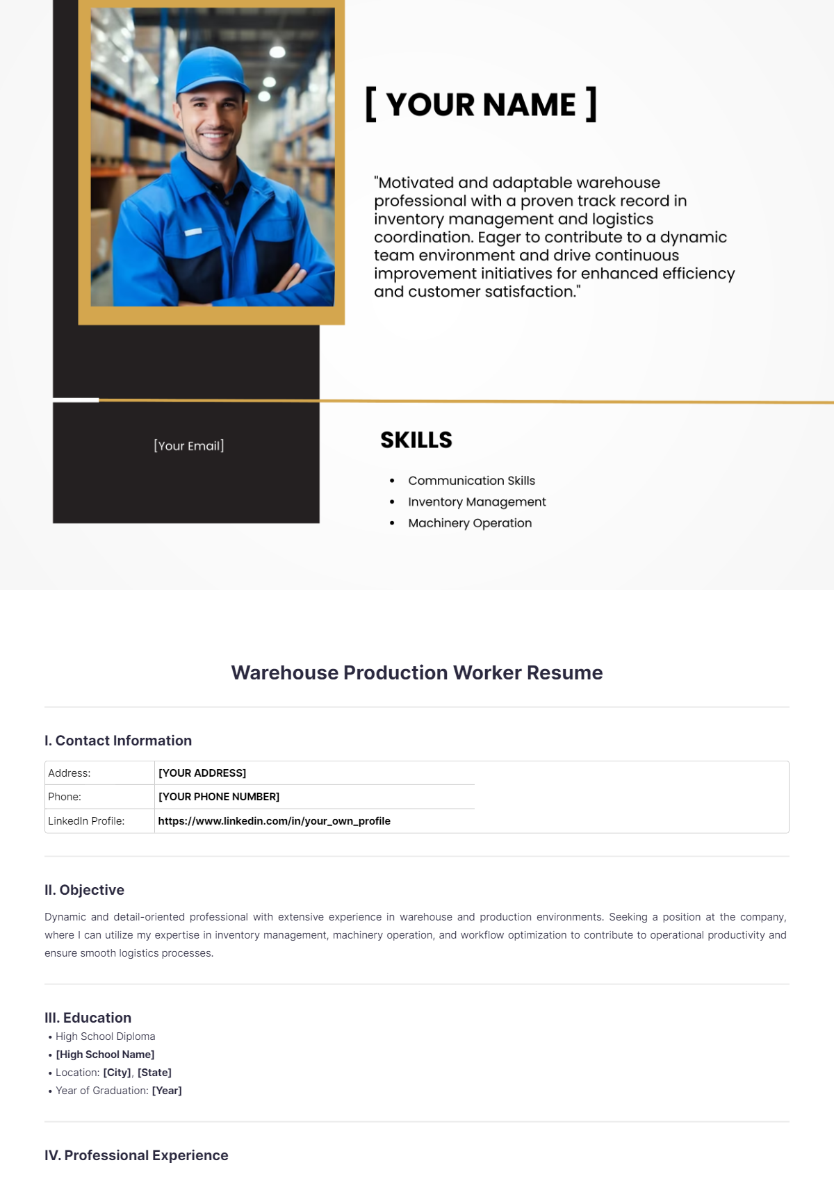 Free Warehouse Production Worker Resume Template