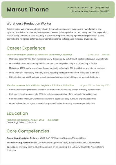 Free Warehouse Production Worker ATS Resume Template