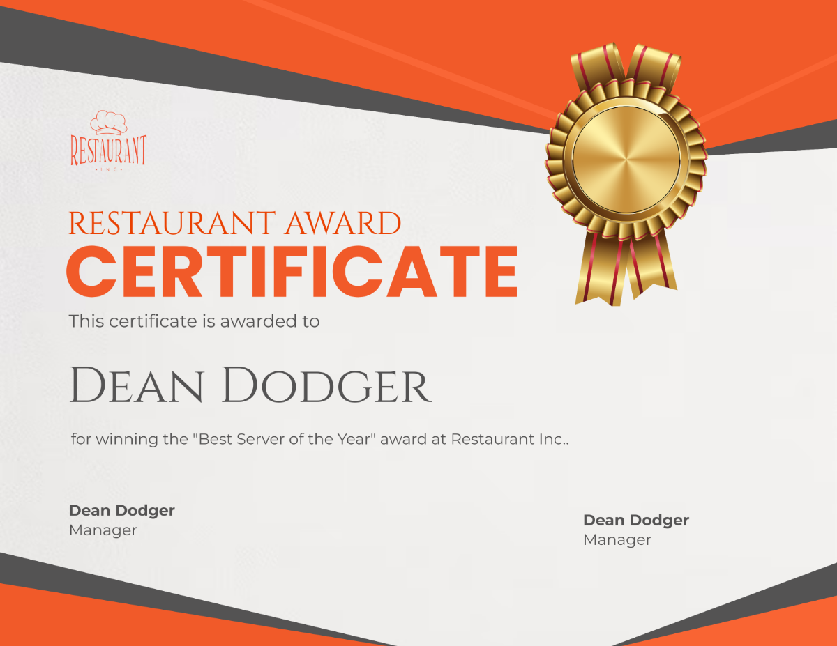 Restaurant Award Certificate