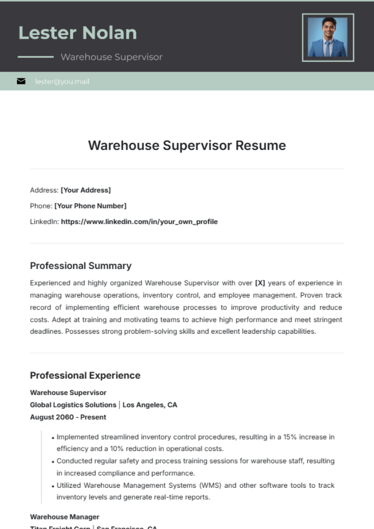 Warehouse Supervisor Resume Template - Edit Online & Download