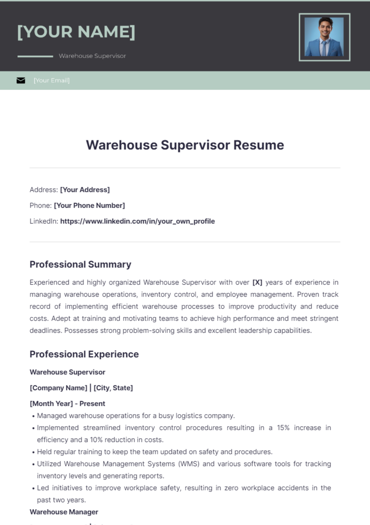 Warehouse Supervisor Resume Edit Online Download Example Template net