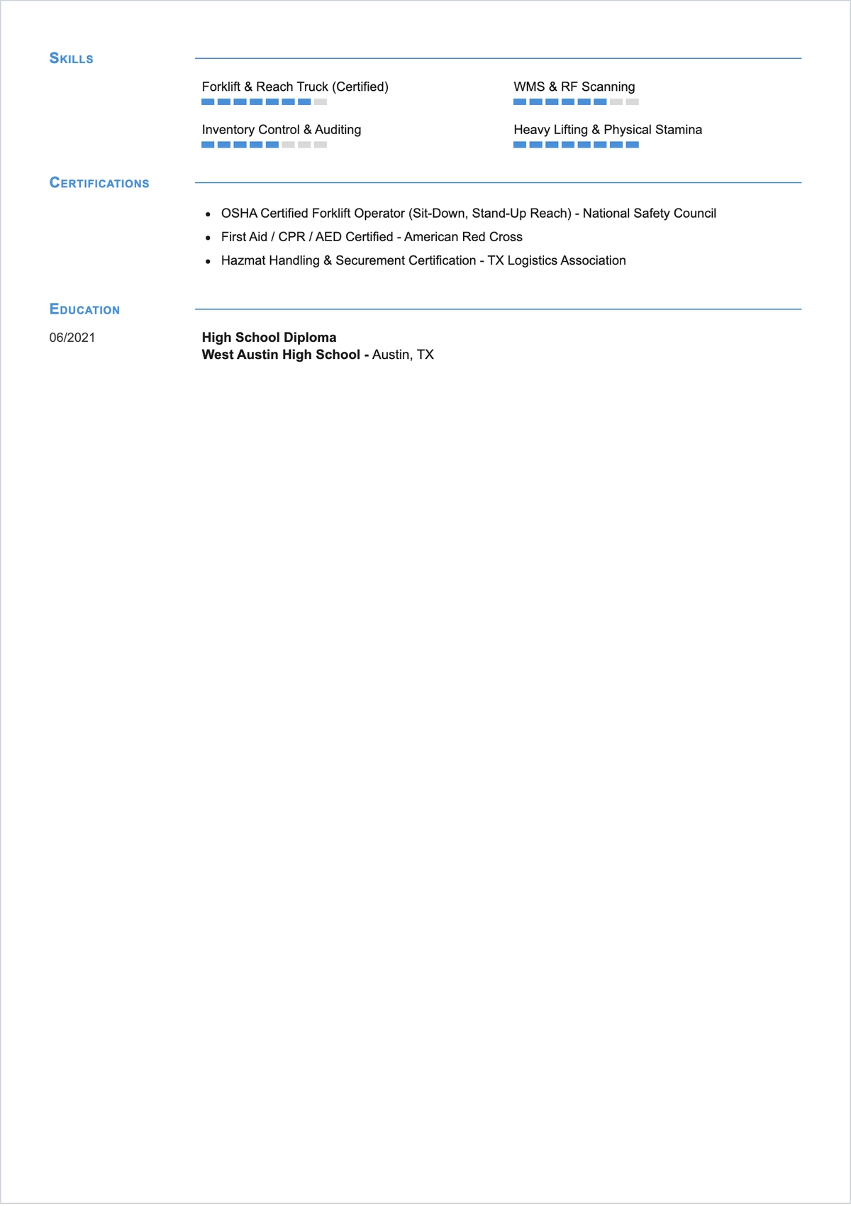 Free Warehouse Associate ATS Resume Template, AI Resume Builder