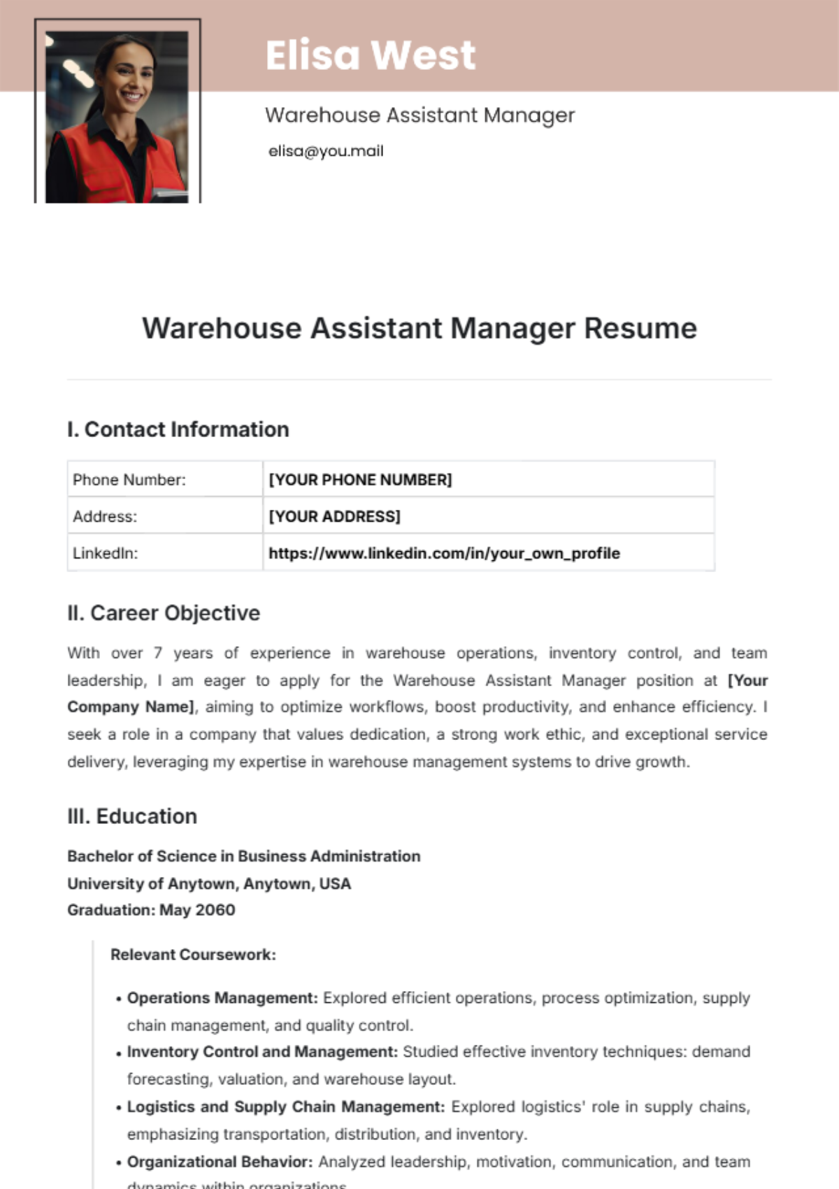 Warehouse Assistant Manager Resume Template - Edit Online & Download