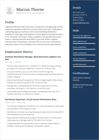 Free Warehouse Assistant Manager ATS Resume Template
