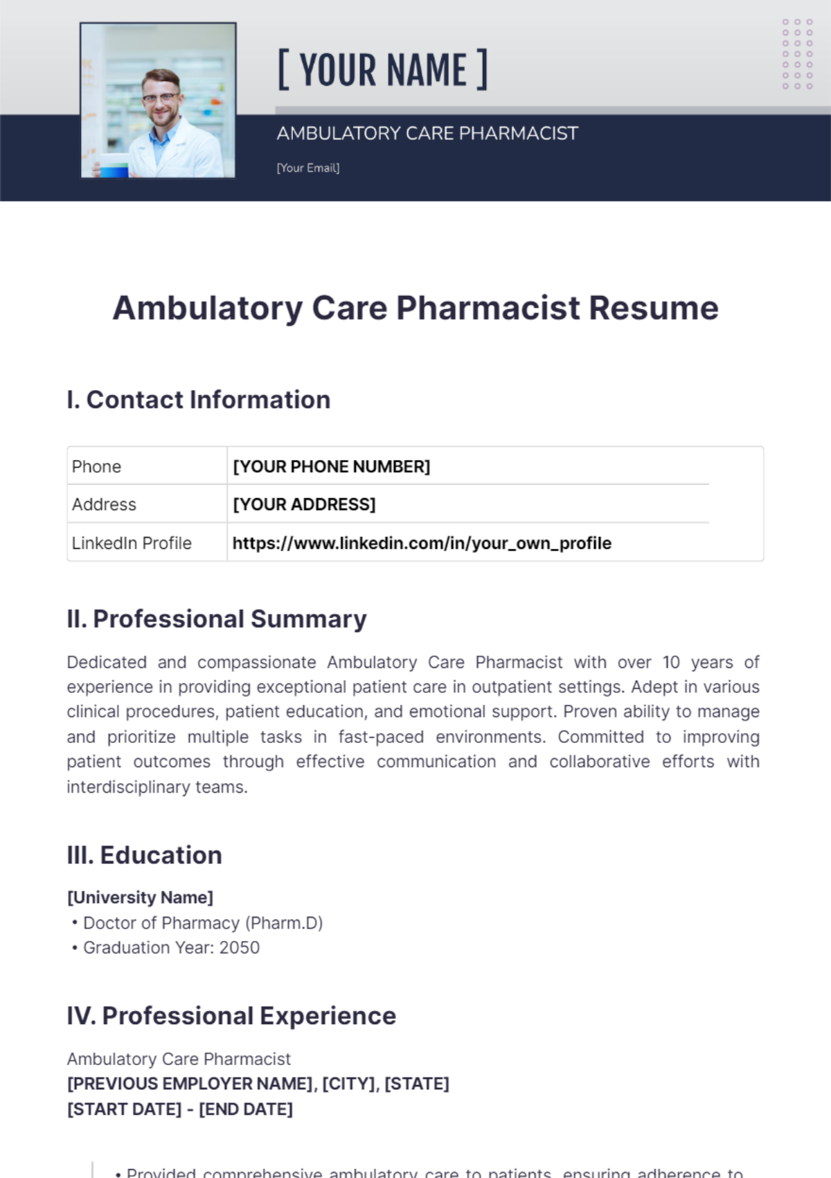 Ambulatory Care Pharmacist Resume - Edit Online & Download Example ...