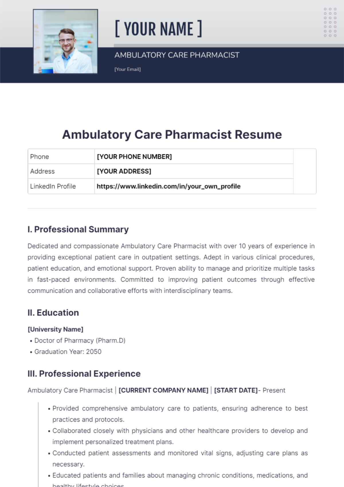 Ambulatory Care Pharmacist Resume - Edit Online & Download