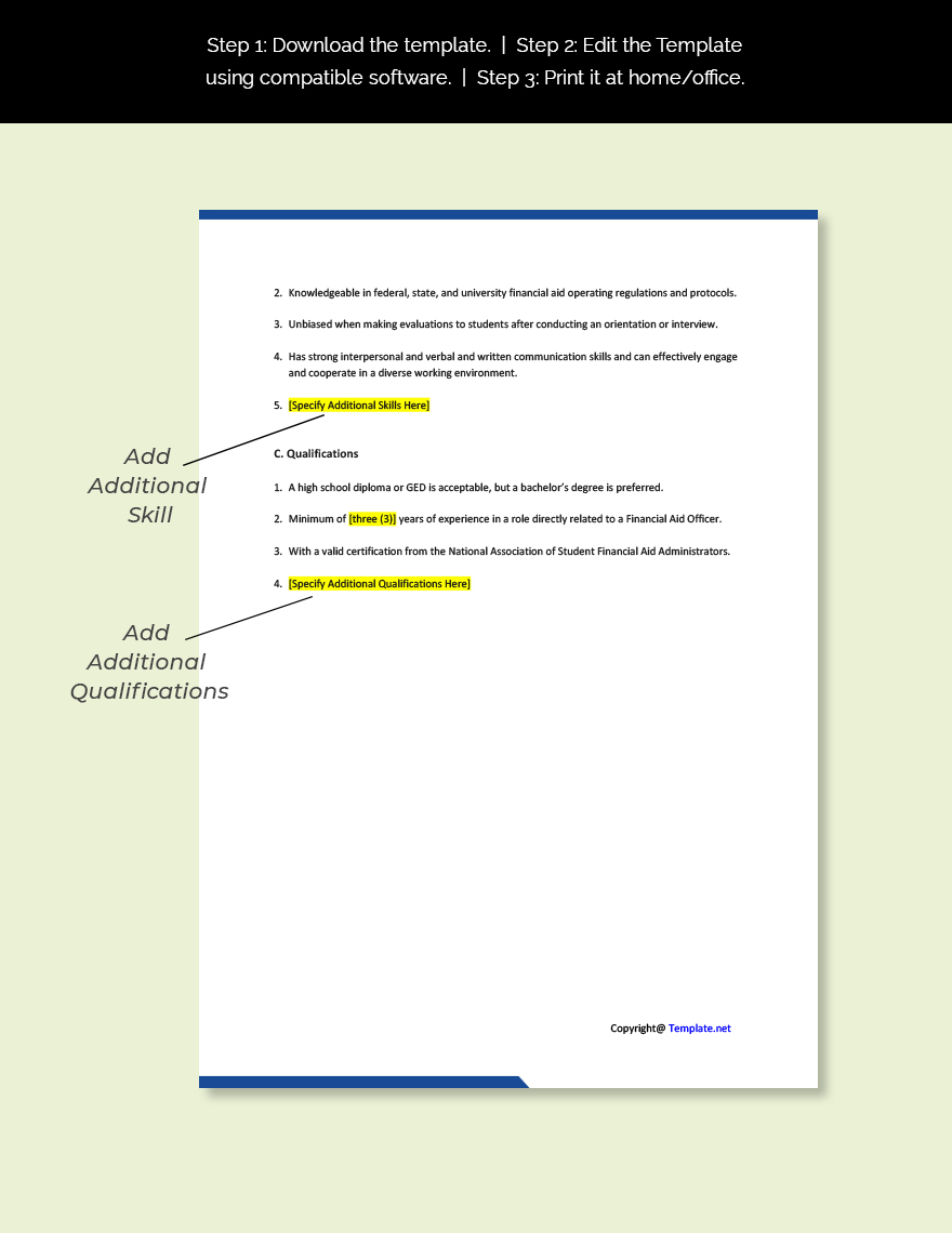 Financial Aid Officer Job Description Download in Word, Google Docs, PDF, Apple Pages