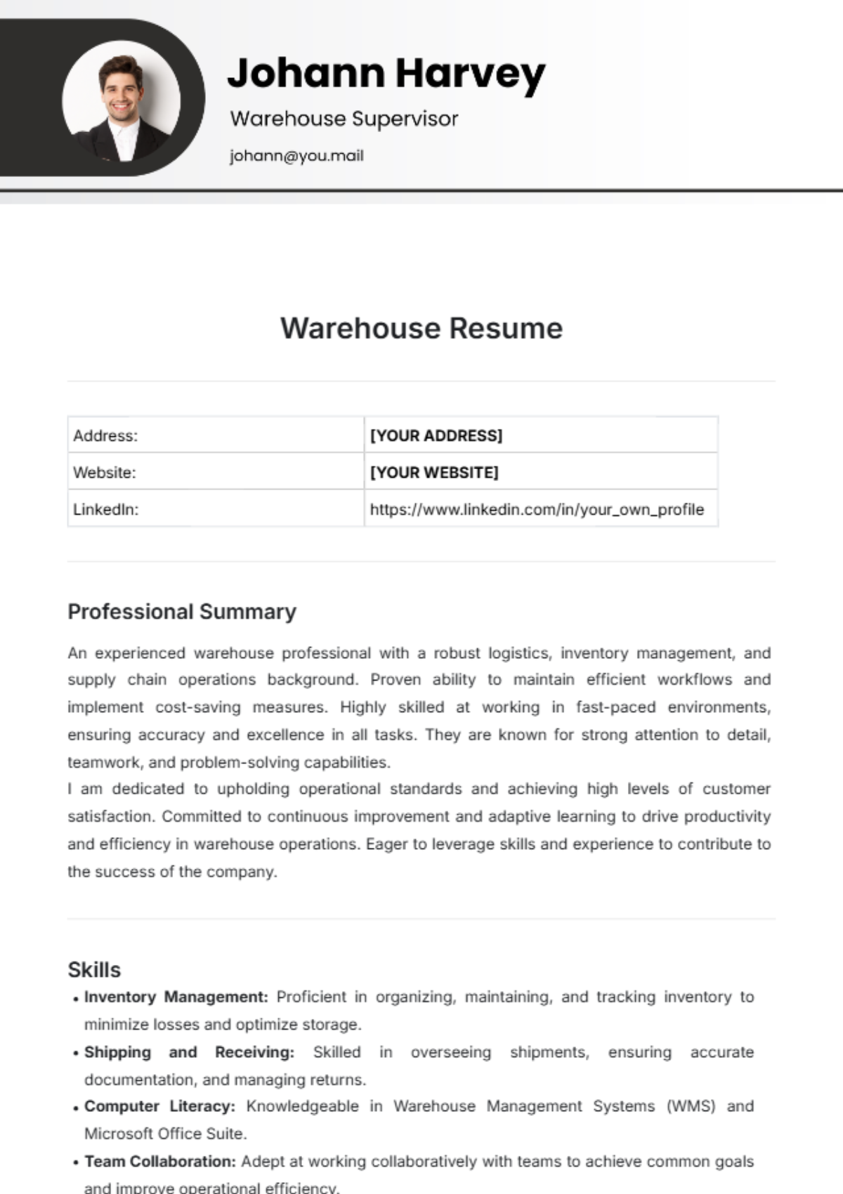 Free Warehouse Resume Template