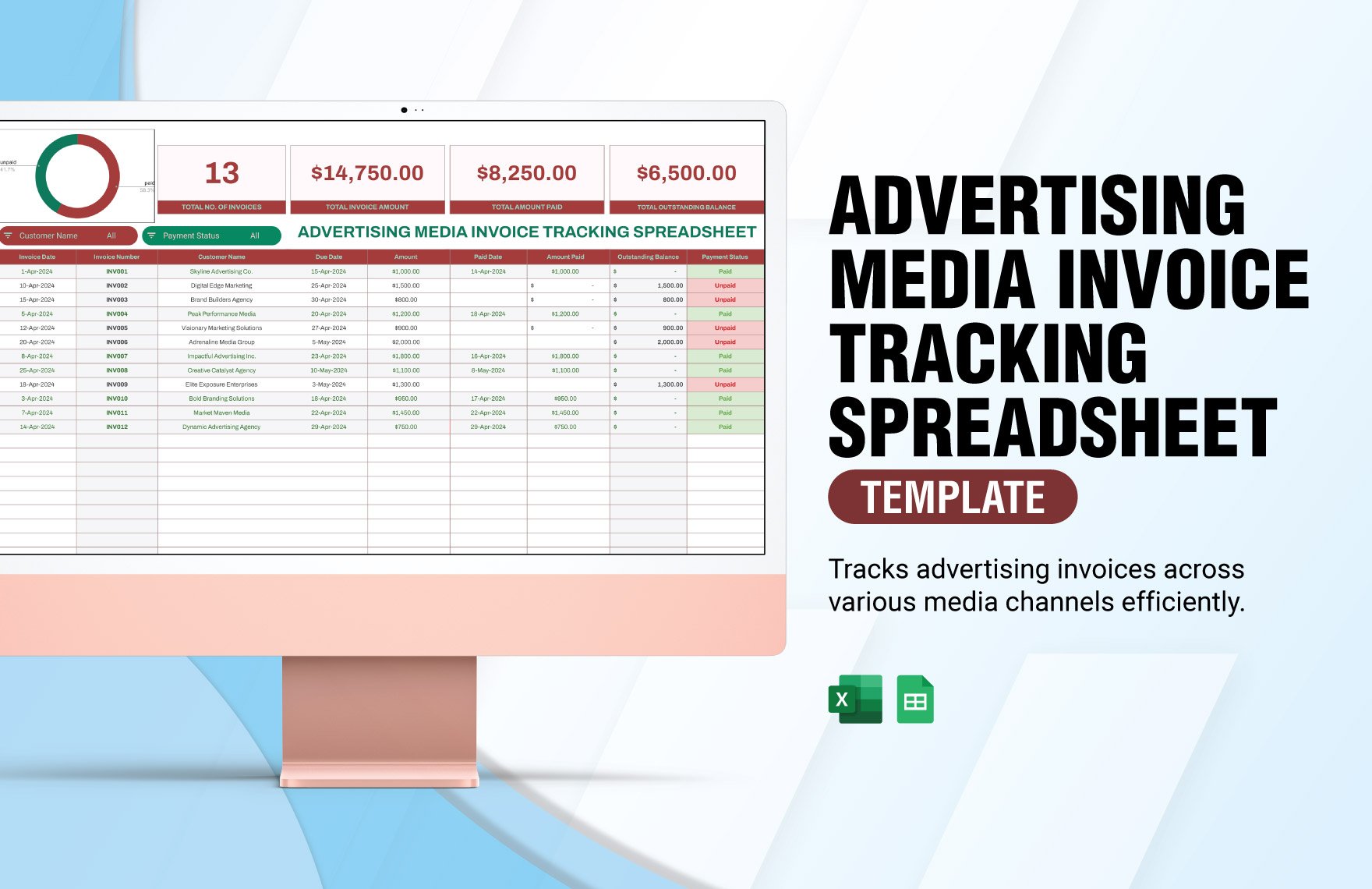 Advertising Media Invoice Tracking Spreadsheet Template in Excel, Google Sheets