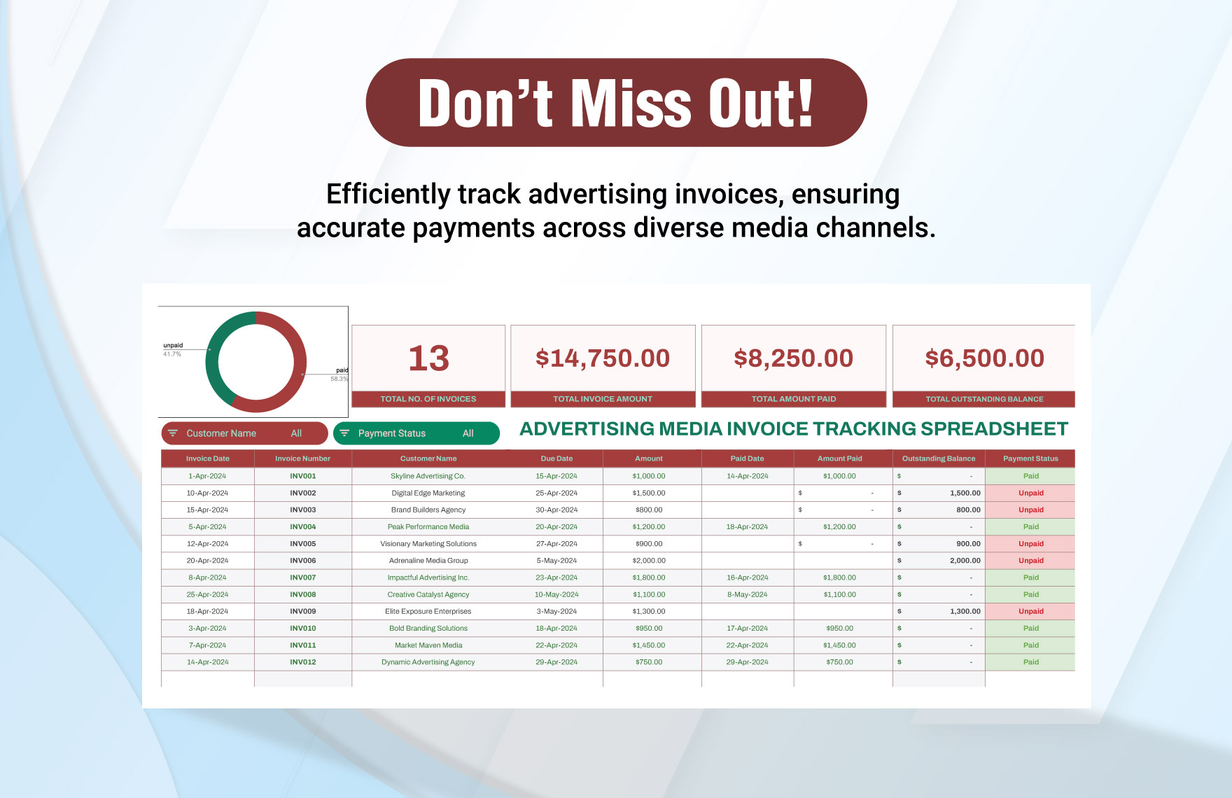 Advertising Media Invoice Tracking Spreadsheet Template